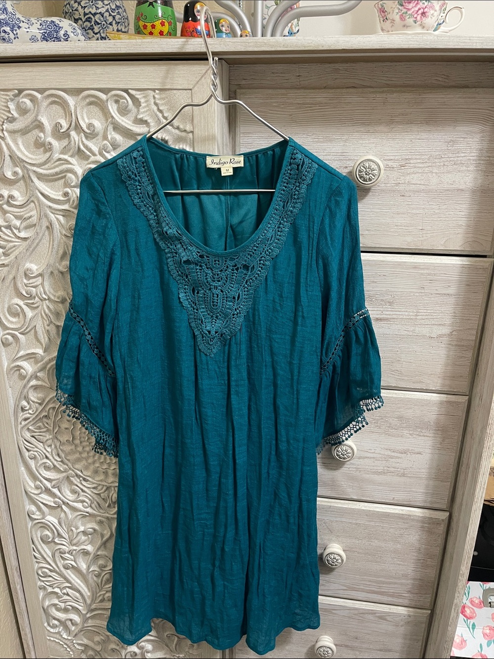 Indigo Rose Teal Crochet-Trim Tunic Dress